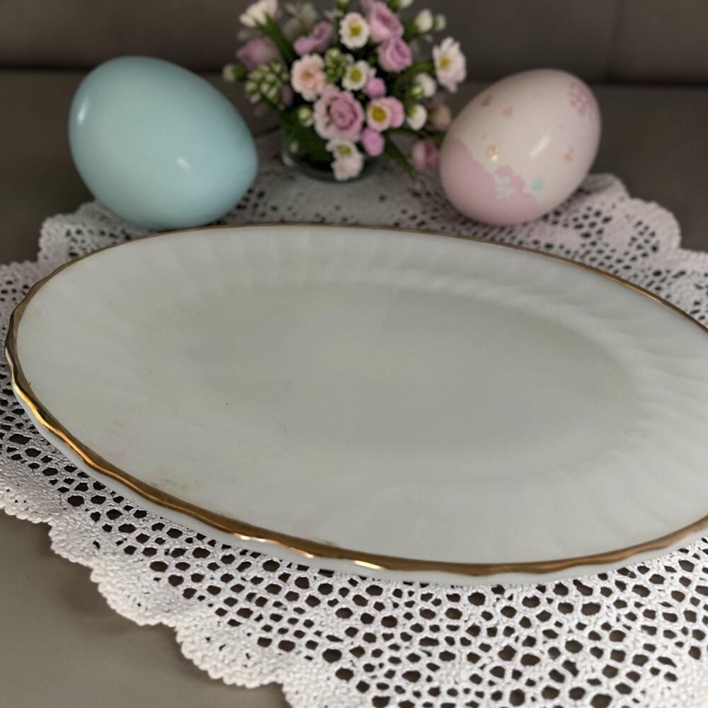 Vintage Anchor Hocking Fire King White Gold Trim Oval Serving Platter